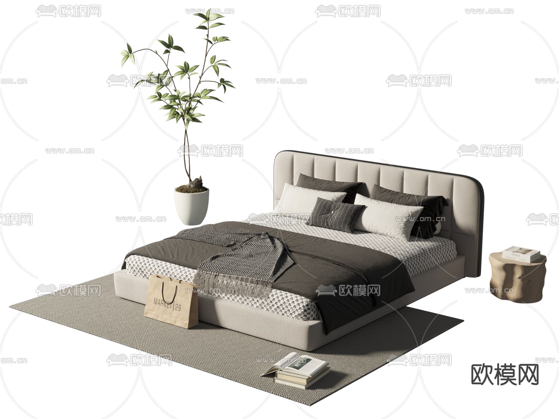 现代双人床3d模型下载