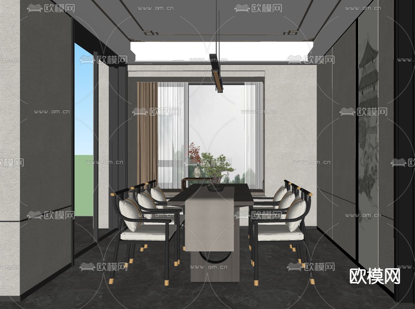 新中式客餐厅su模型下载（渲染图3）