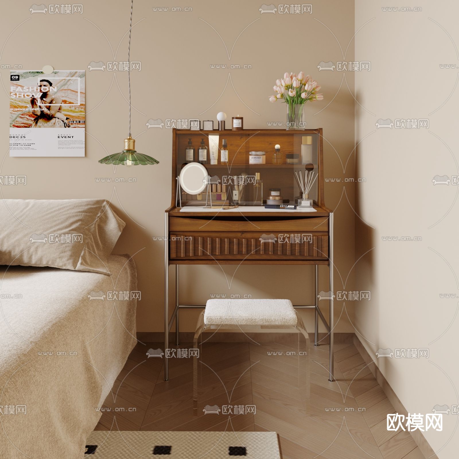 中古风梳妆台su模型下载（渲染图1）