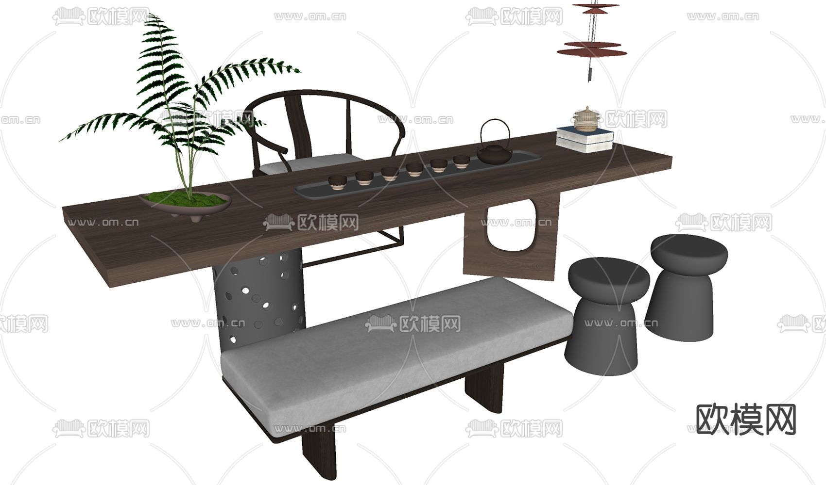 新中式茶桌椅su模型下载（渲染图2）
