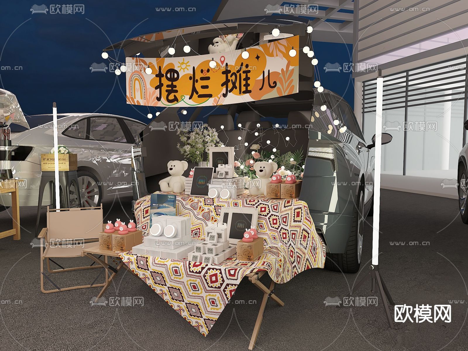 夜市摆摊su模型下载（渲染图1）