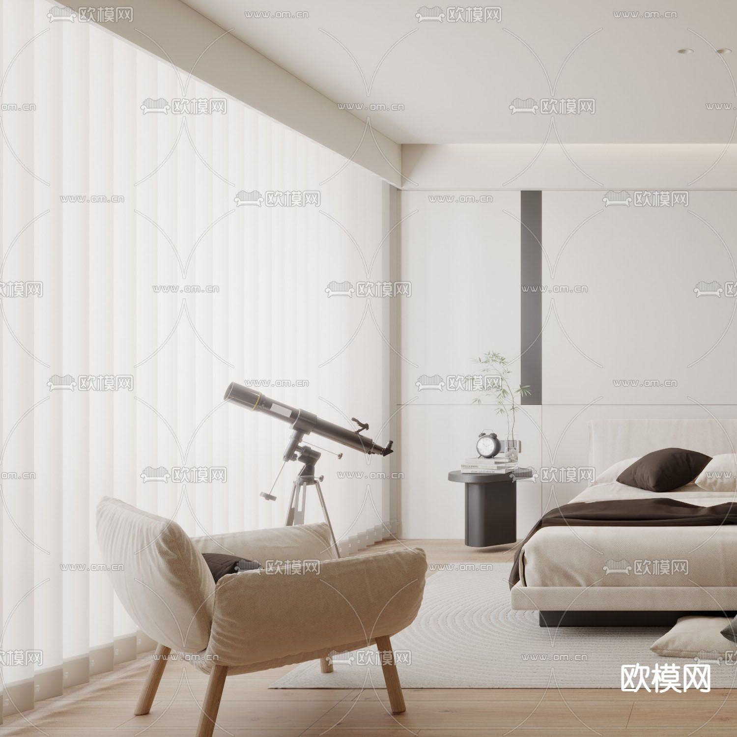 奶油风卧室 主人房3d模型下载（渲染图2）