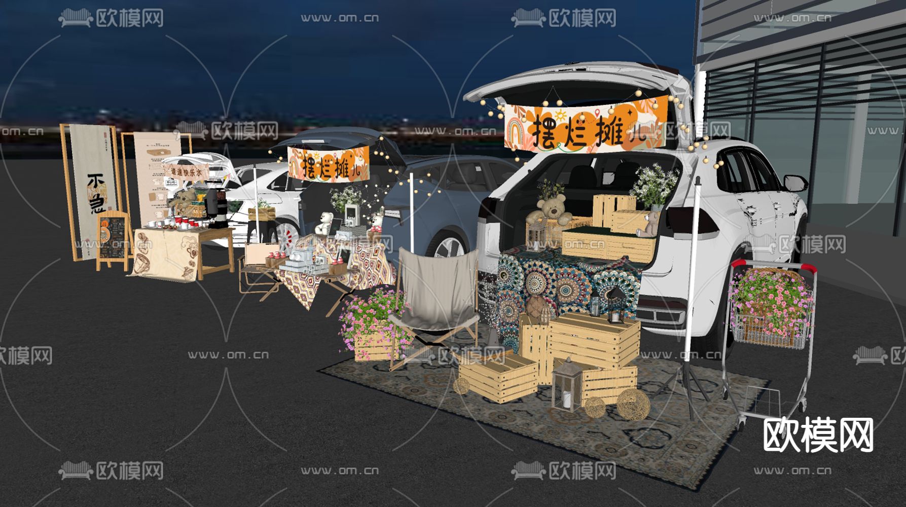 夜市摆摊su模型下载（渲染图3）