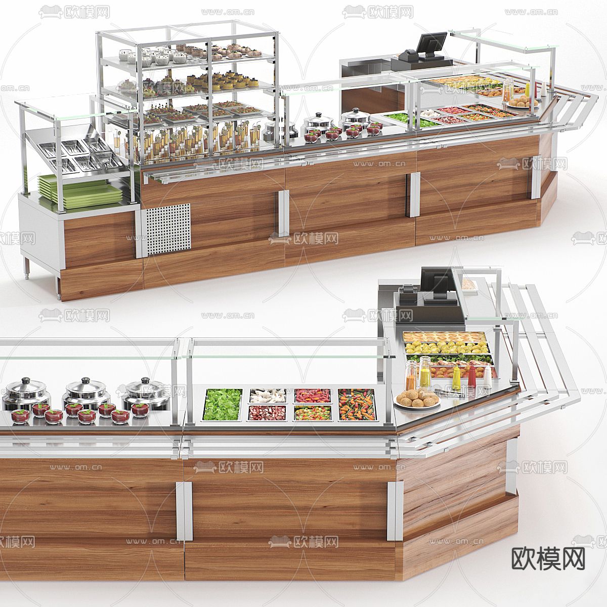 快餐保温台 食品展柜 收银台3d模型下载（渲染图1）