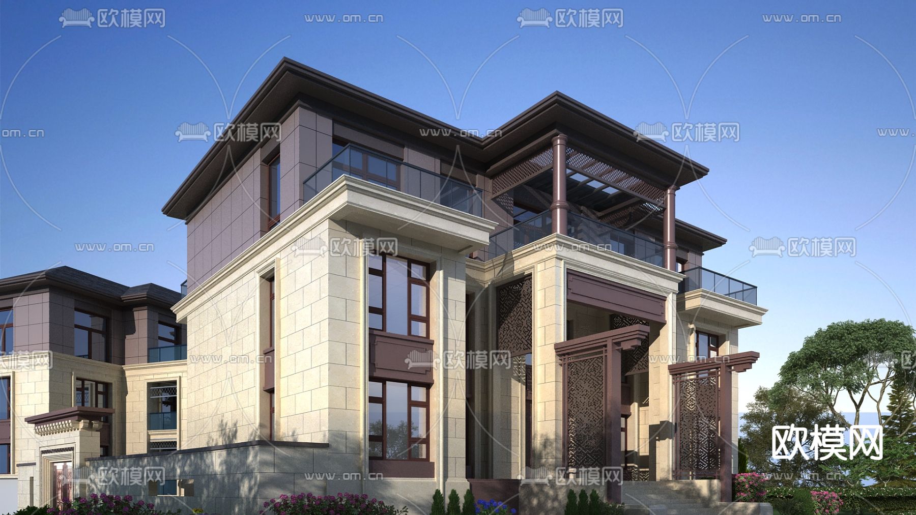 新中式别墅外观3d模型下载（渲染图2）