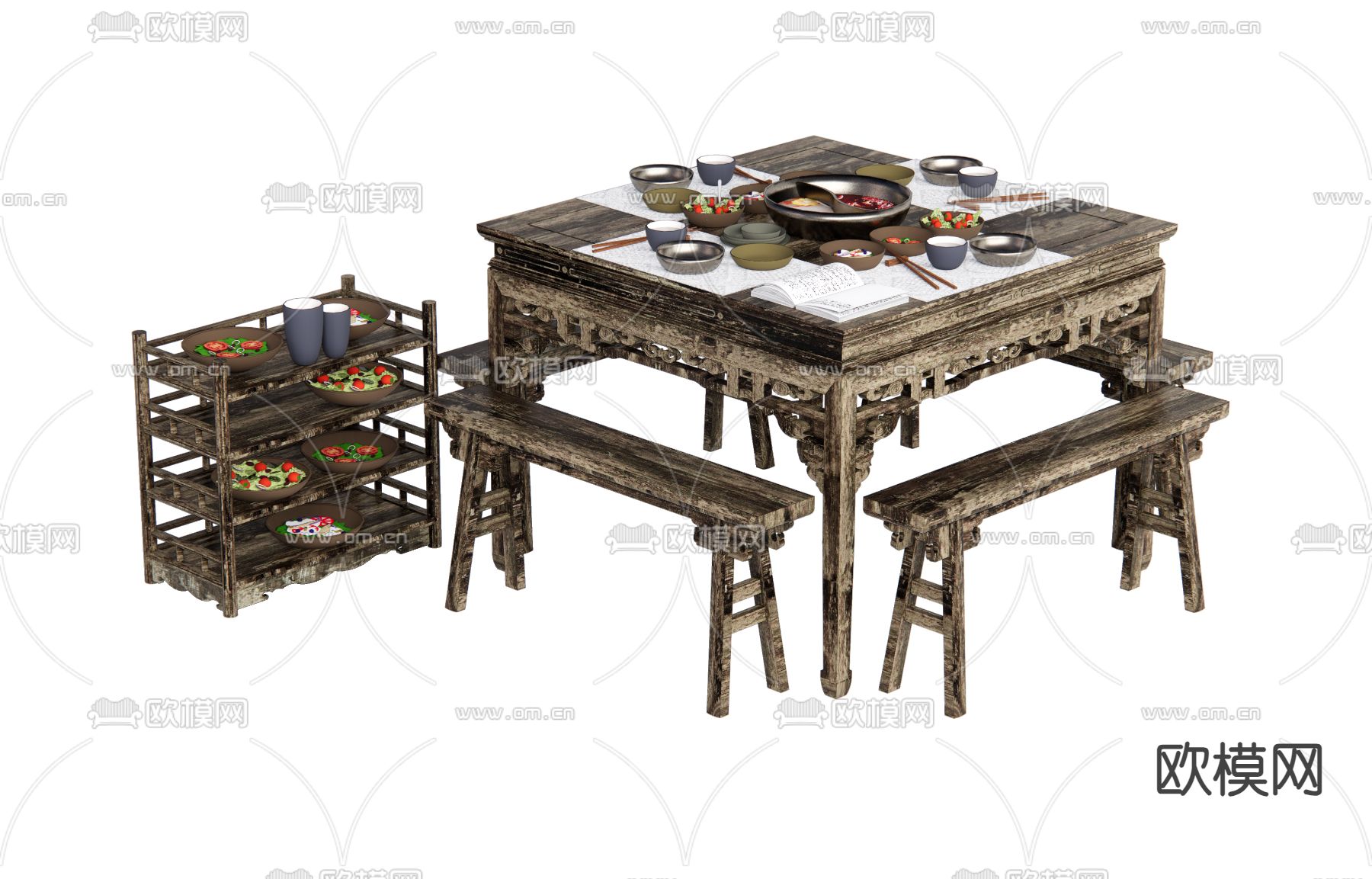 中式餐桌椅 八仙桌su模型下载（渲染图1）