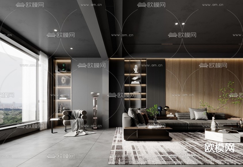暗黑风客厅su模型下载(渲染图3)