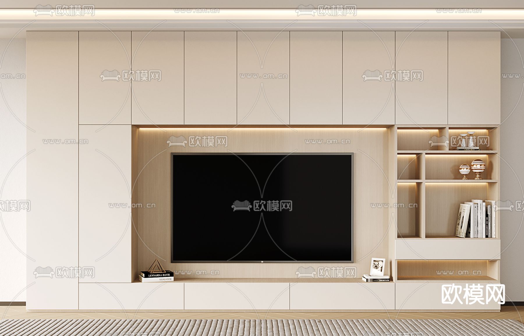 奶油风电视背景墙su模型下载（渲染图1）