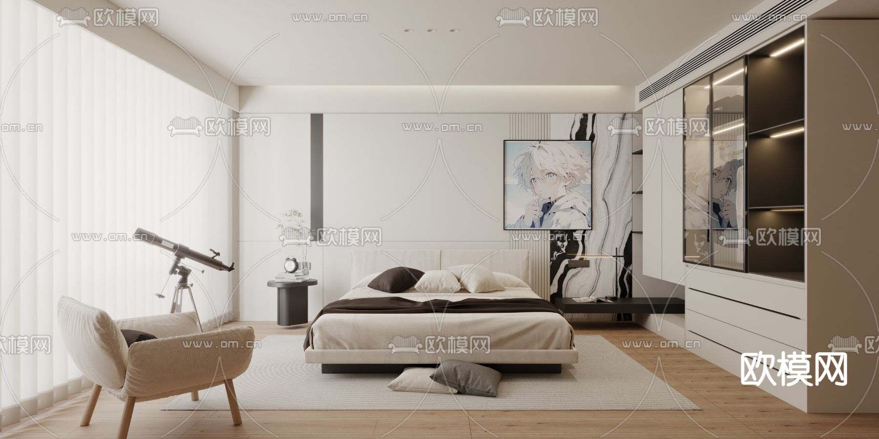 奶油风卧室 主人房3d模型下载（渲染图1）