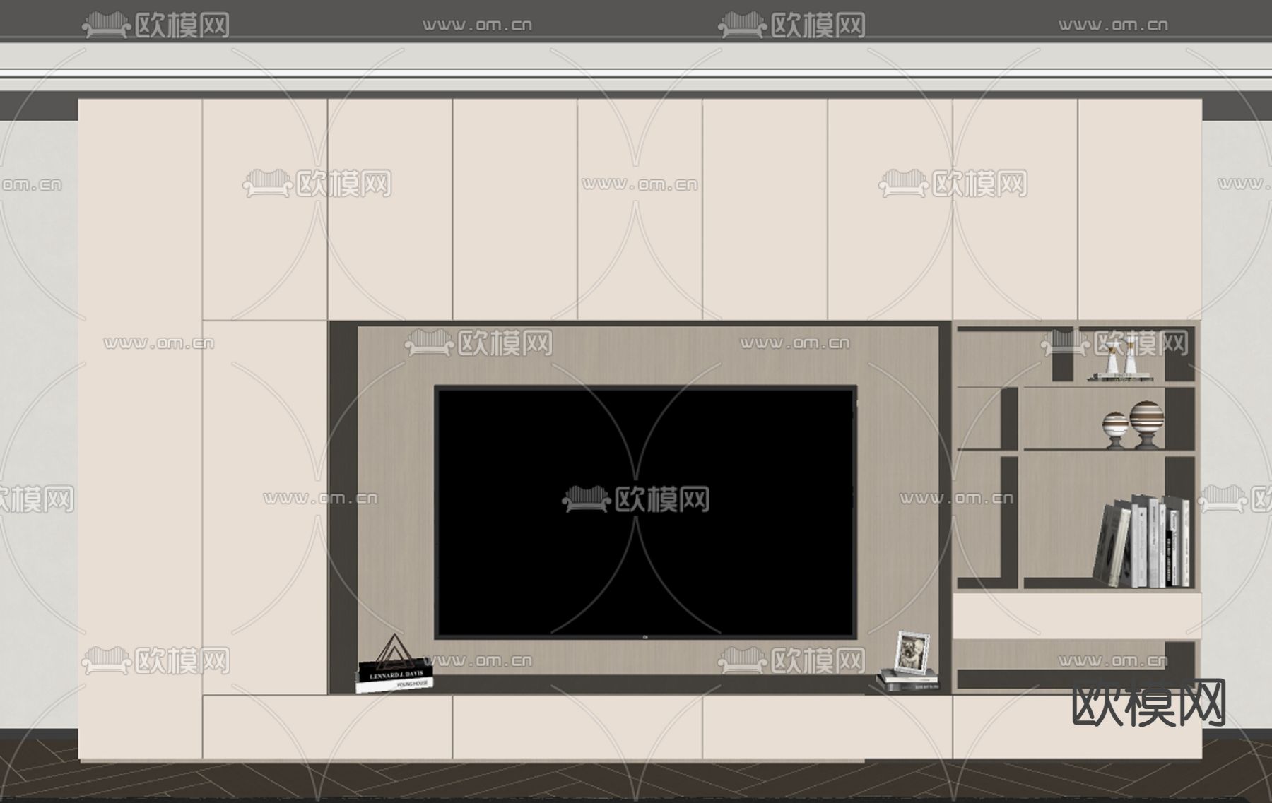 奶油风电视背景墙su模型下载（渲染图2）