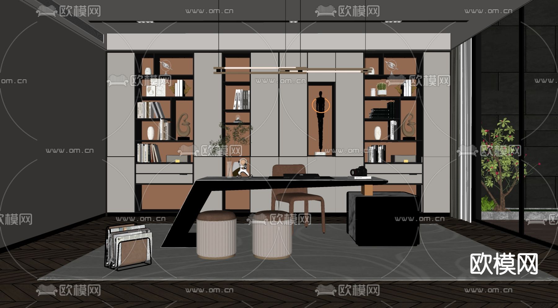现代书房su模型下载（渲染图2）