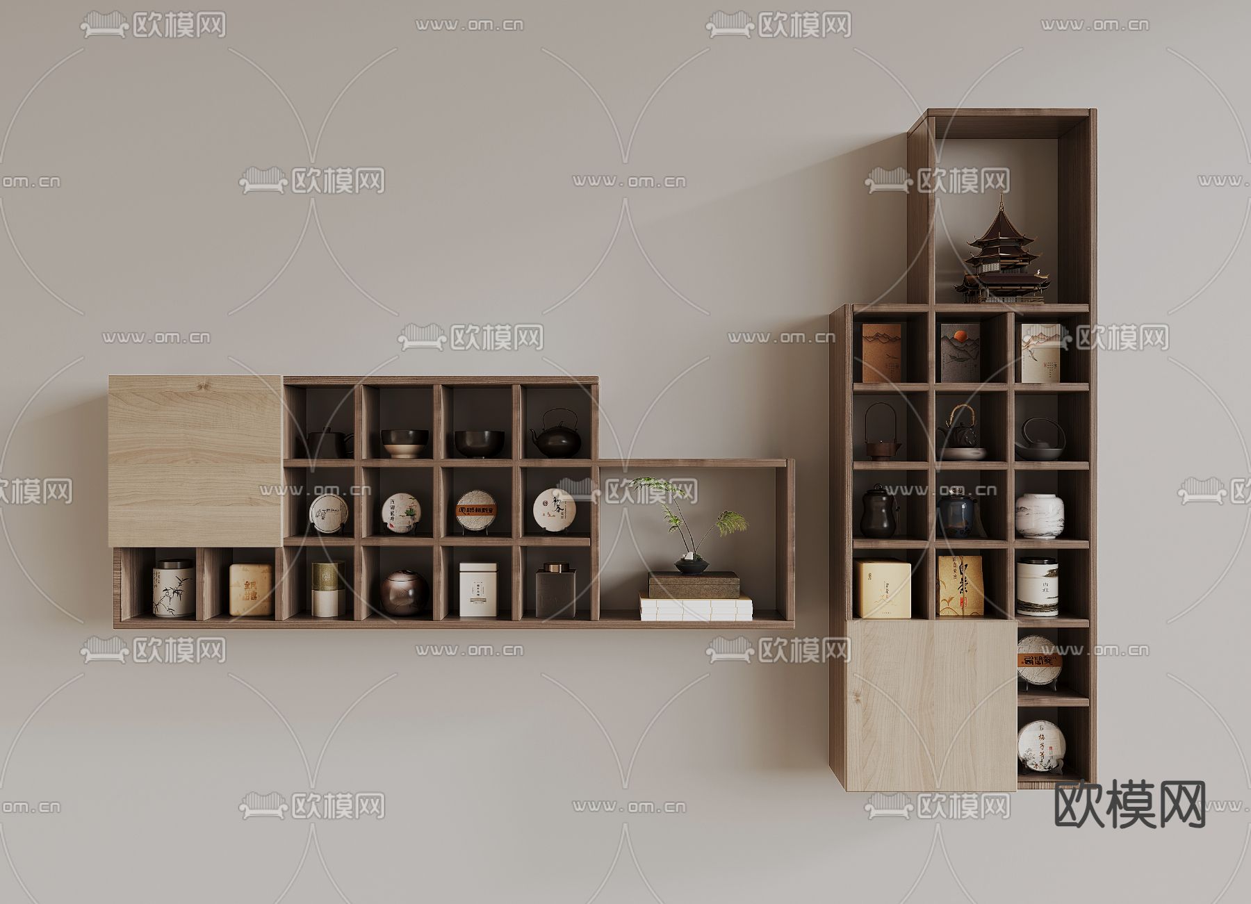 新中式壁架 壁柜su模型下载（渲染图1）