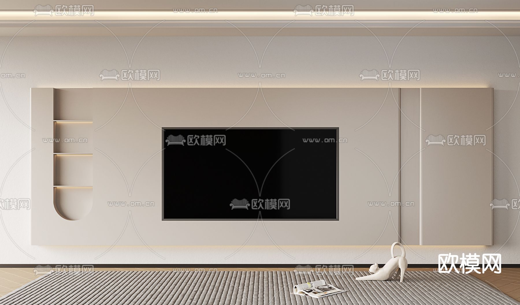 奶油风电视背景墙su模型下载（渲染图1）