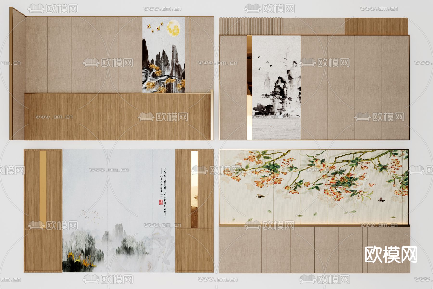 新中式床头背景3d模型下载