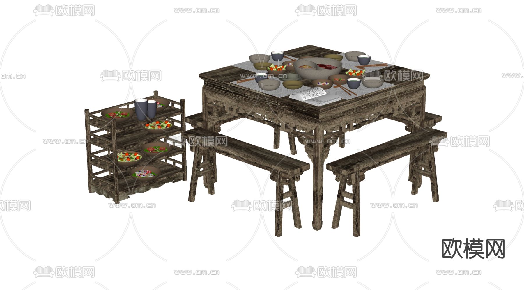 中式餐桌椅 八仙桌su模型下载（渲染图2）