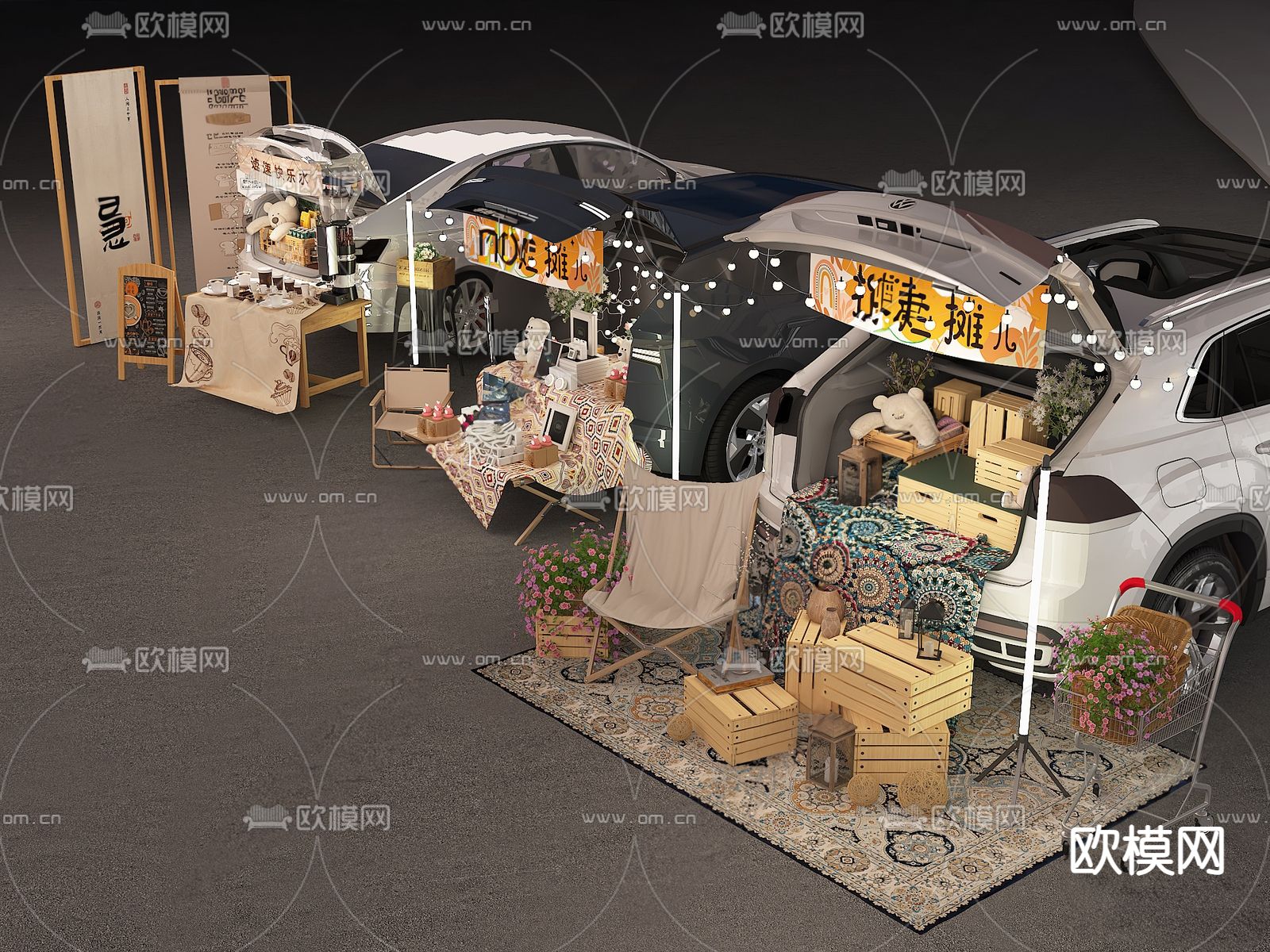 夜市摆摊su模型下载（渲染图2）