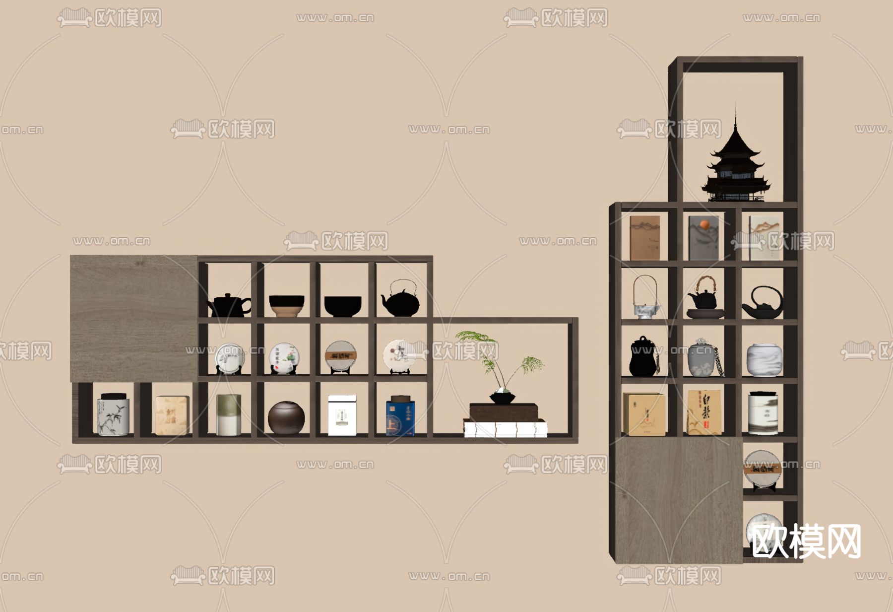 新中式壁架 壁柜su模型下载（渲染图2）