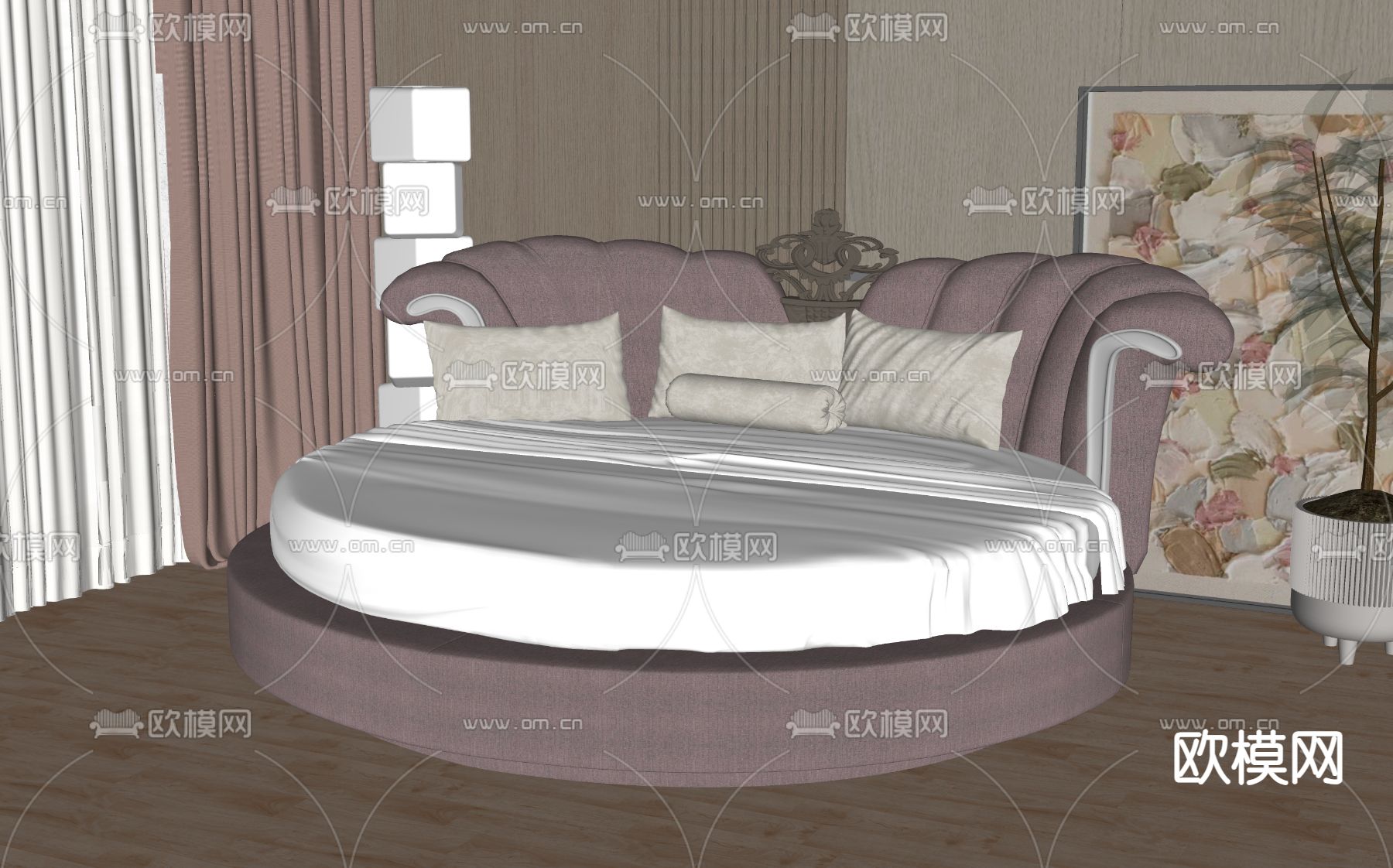 现代圆床su模型下载（渲染图2）