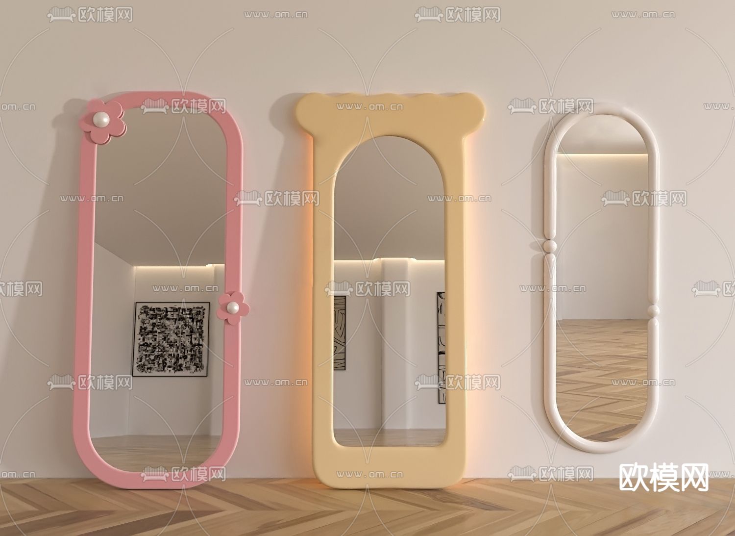 奶油风镜子 全身镜 落地镜3d模型下载