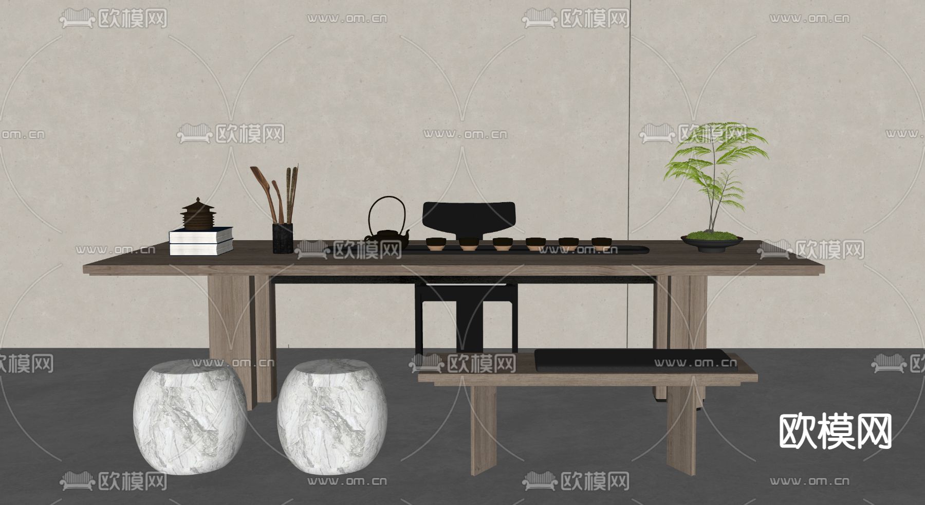 现代茶桌 茶台su模型下载（渲染图2）