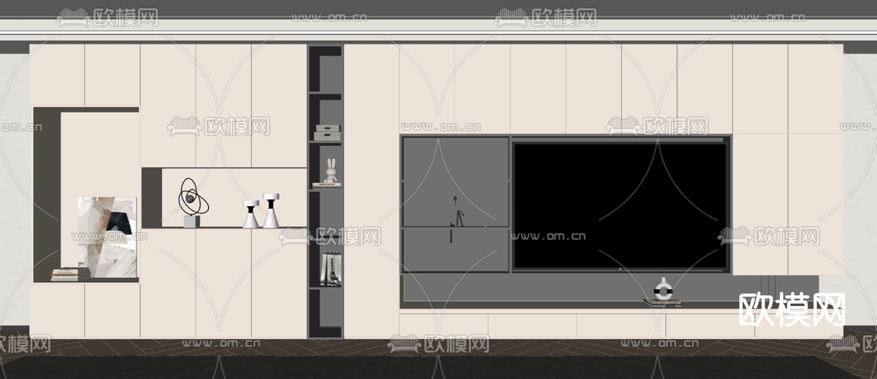 奶油风电视背景墙su模型下载（渲染图2）