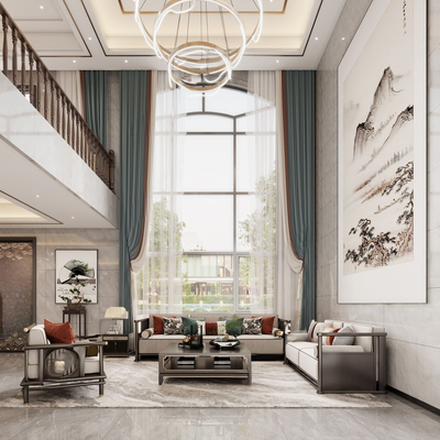  新中式别墅大堂su模型 