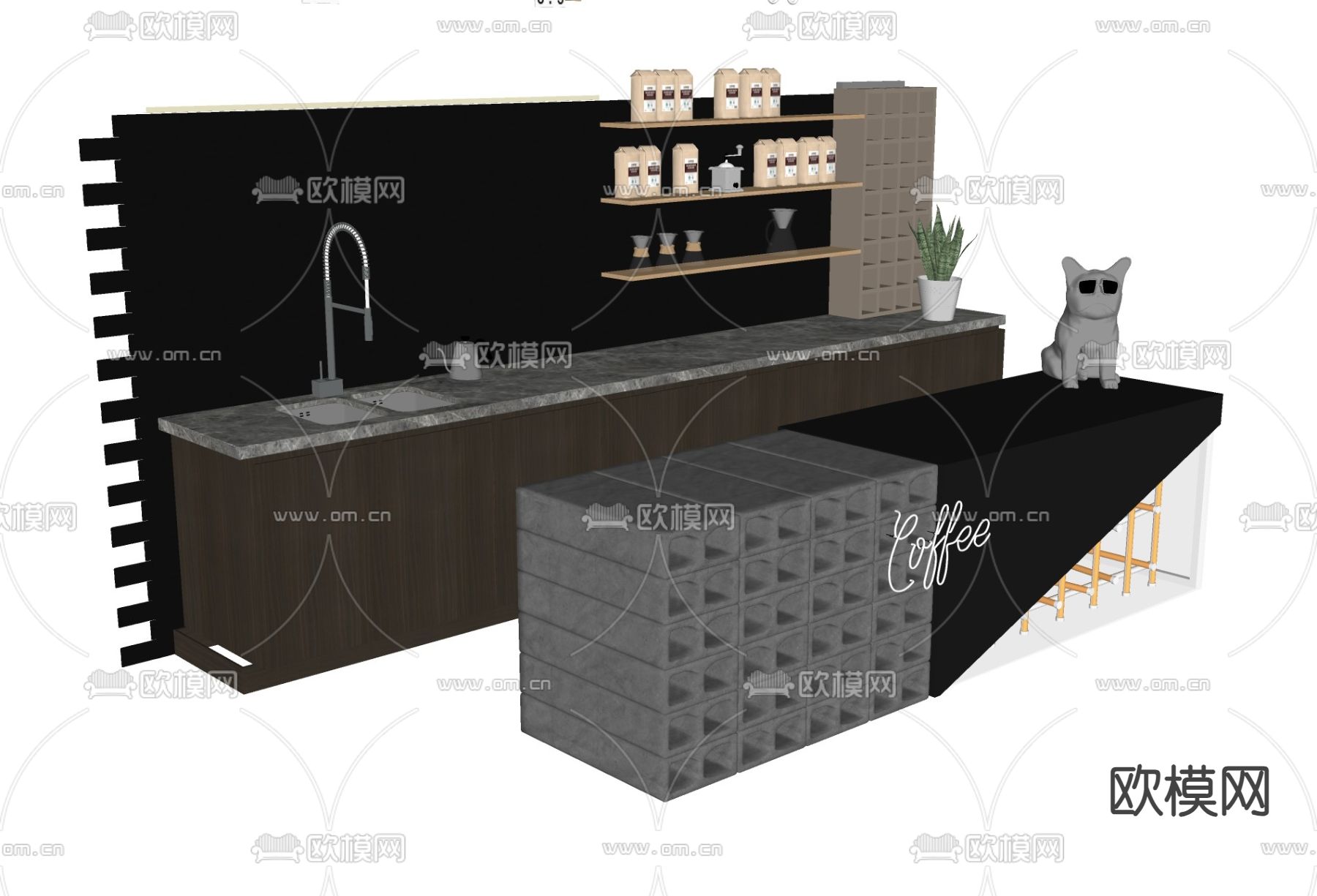 吧台 厨房台面su模型下载（渲染图2）