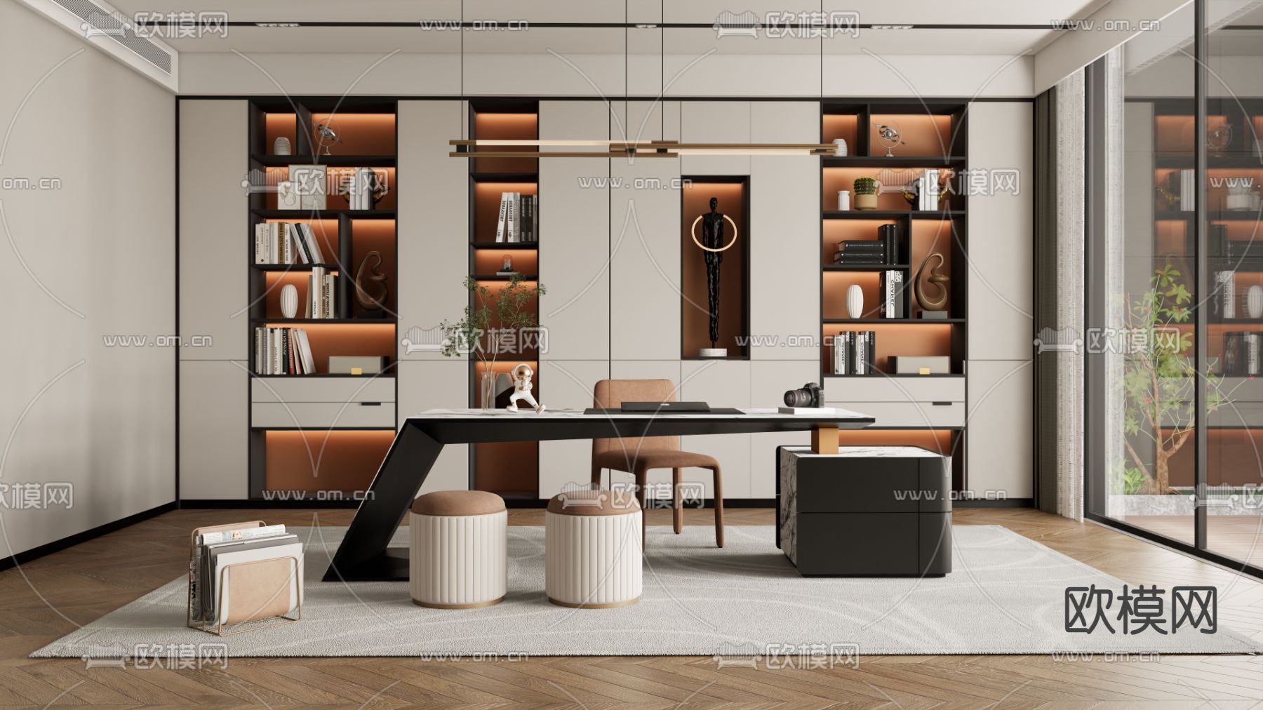 现代书房su模型下载（渲染图1）