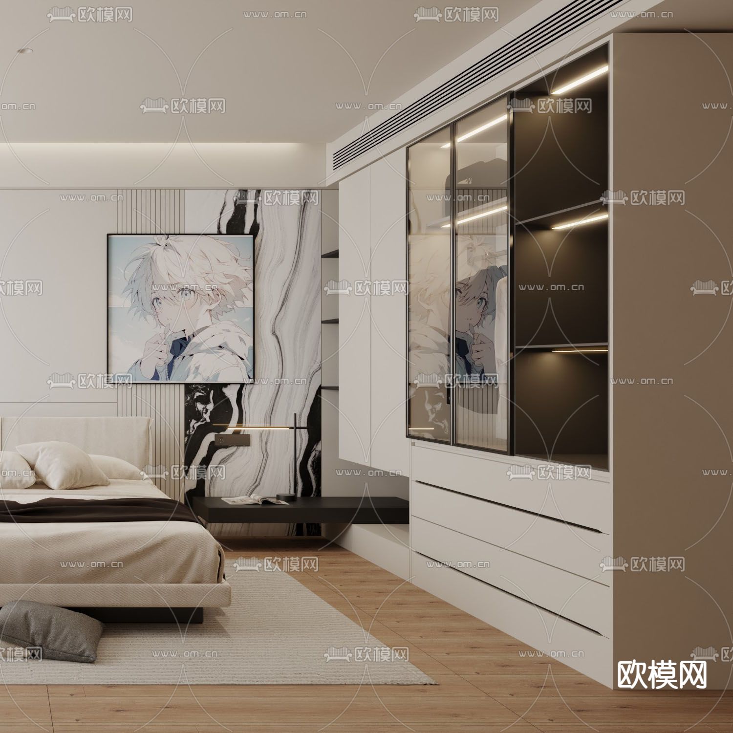 奶油风卧室 主人房3d模型下载（渲染图3）