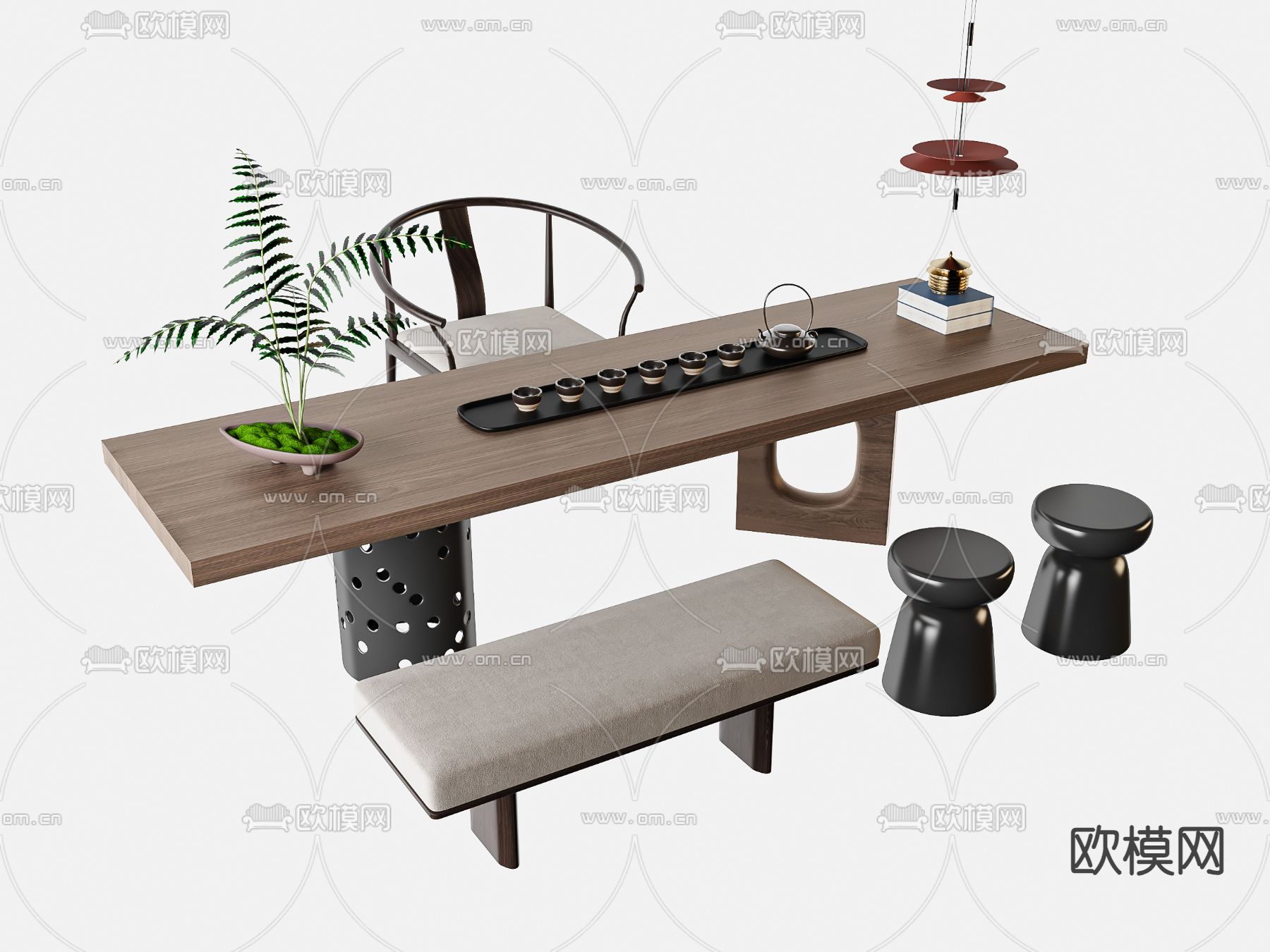 新中式茶桌椅su模型下载（渲染图1）