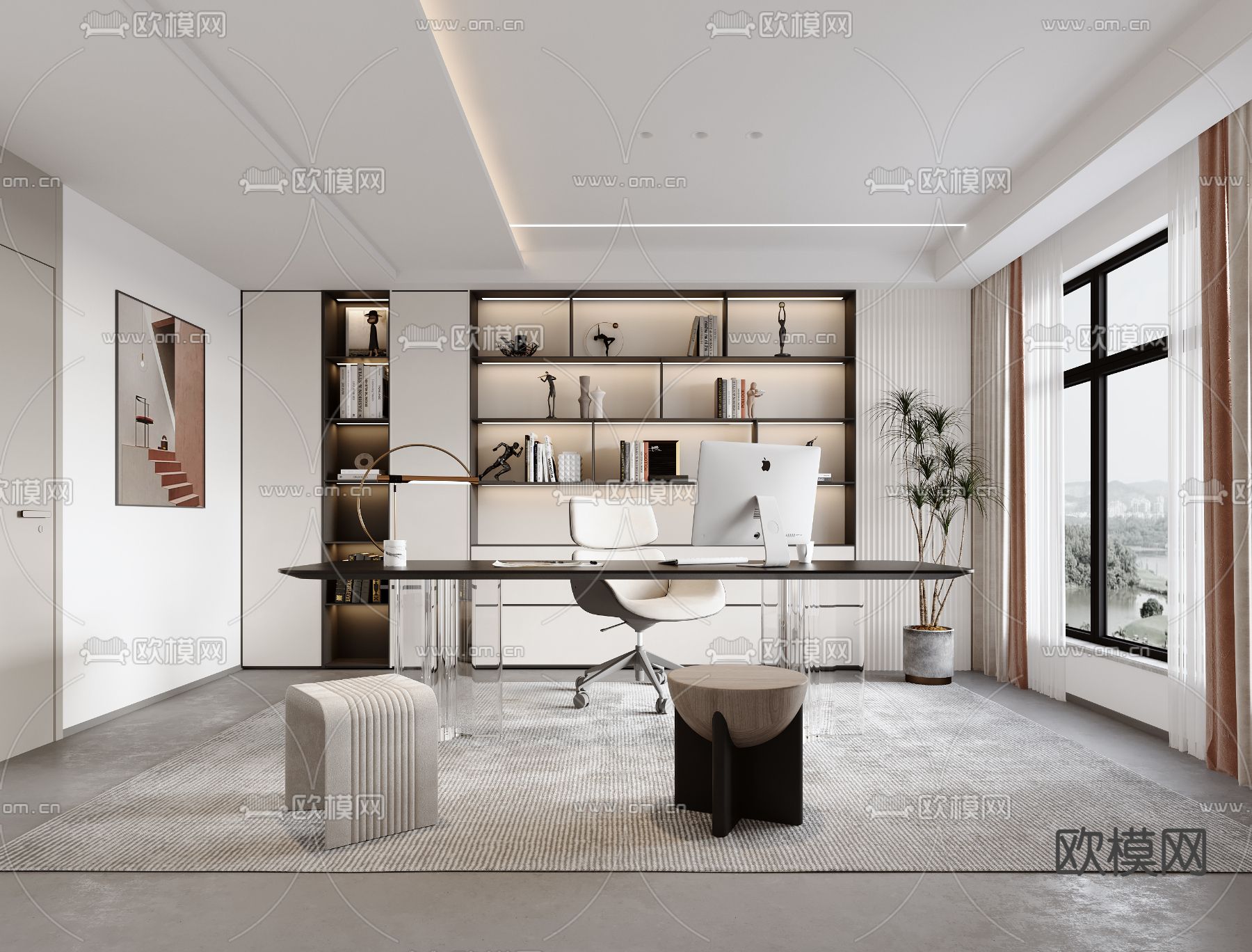 现代书房su模型下载（渲染图1）