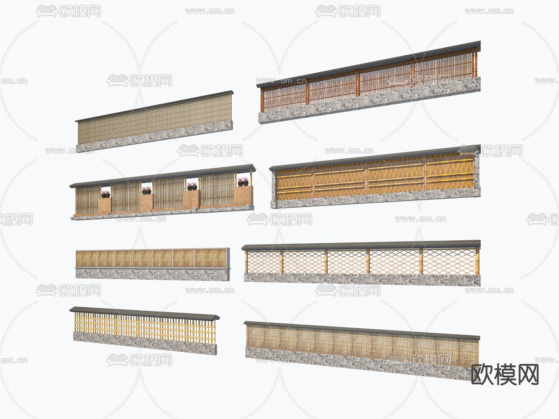 新中式庭院围栏 竹栏 院墙3d模型下载（渲染图2）