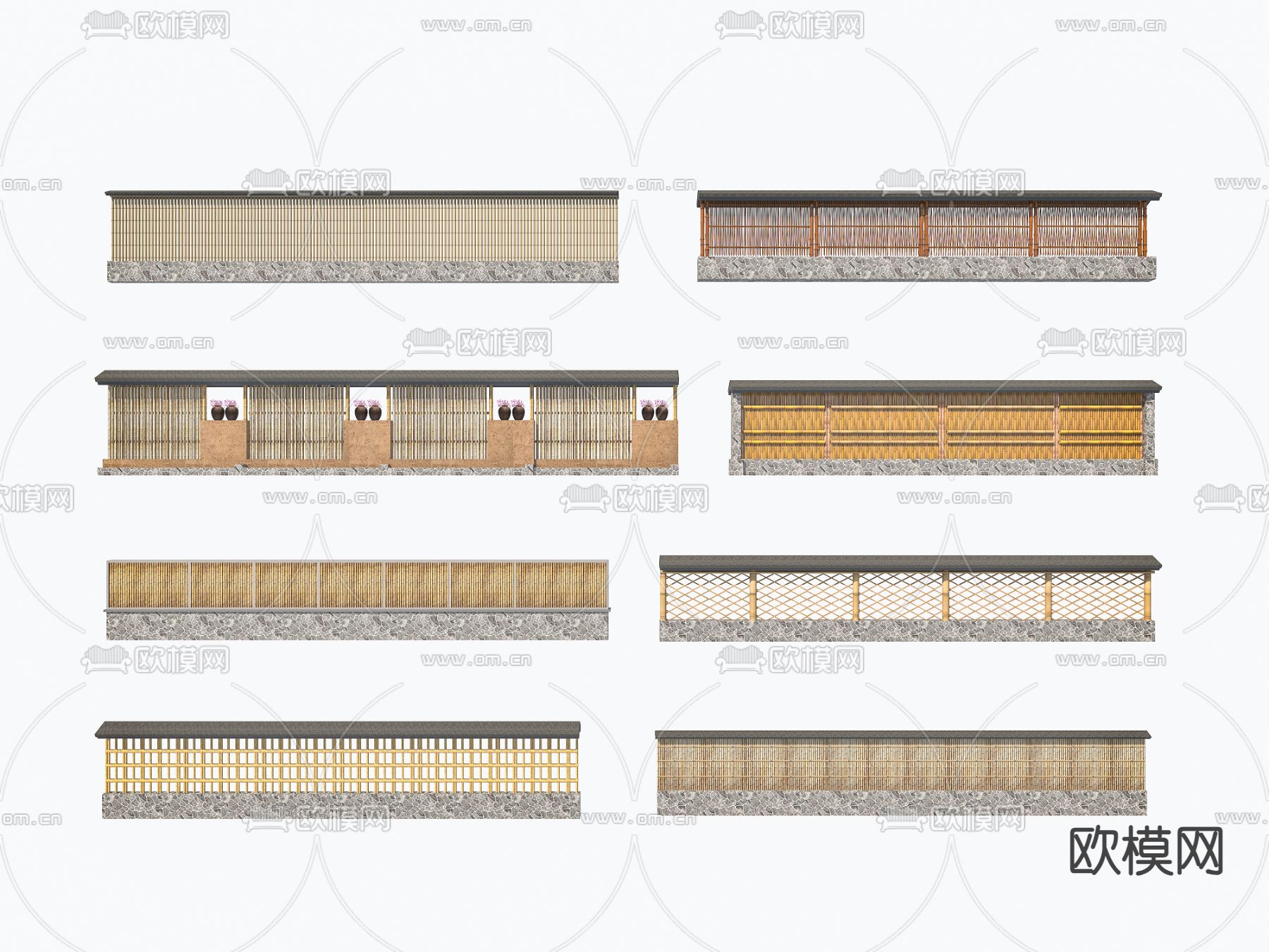 新中式庭院围栏 竹栏 院墙3d模型下载（渲染图1）