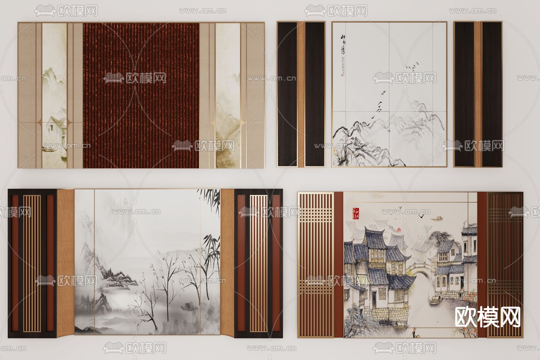 新中式床头背景3d模型下载