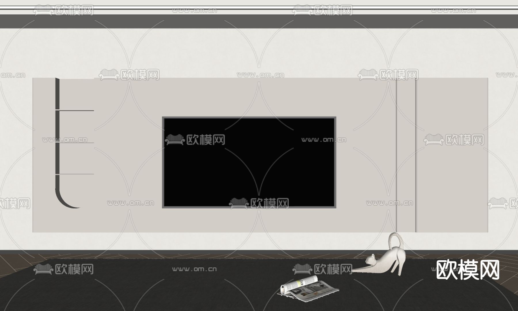 奶油风电视背景墙su模型下载（渲染图2）