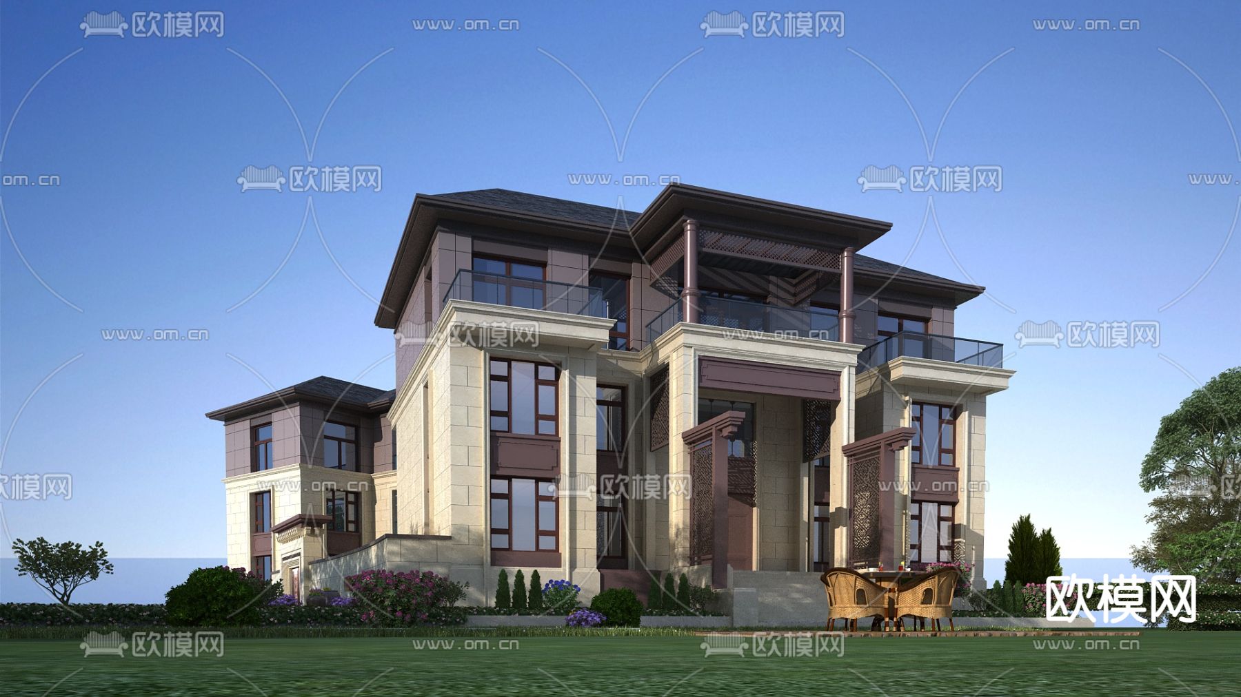 新中式别墅外观3d模型下载（渲染图1）