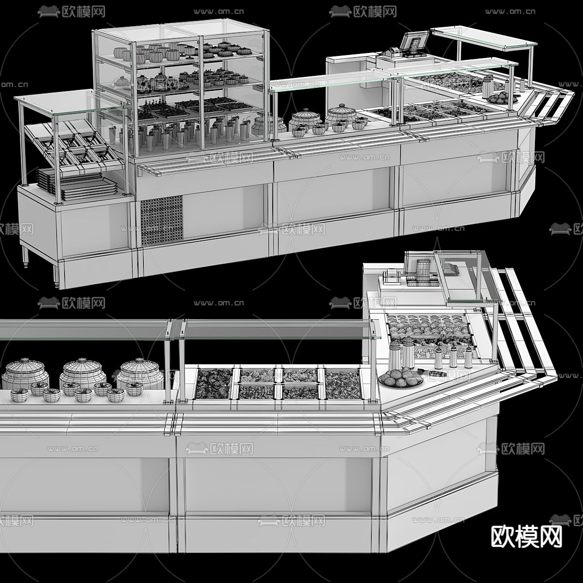 快餐保温台 食品展柜 收银台3d模型下载（渲染图2）