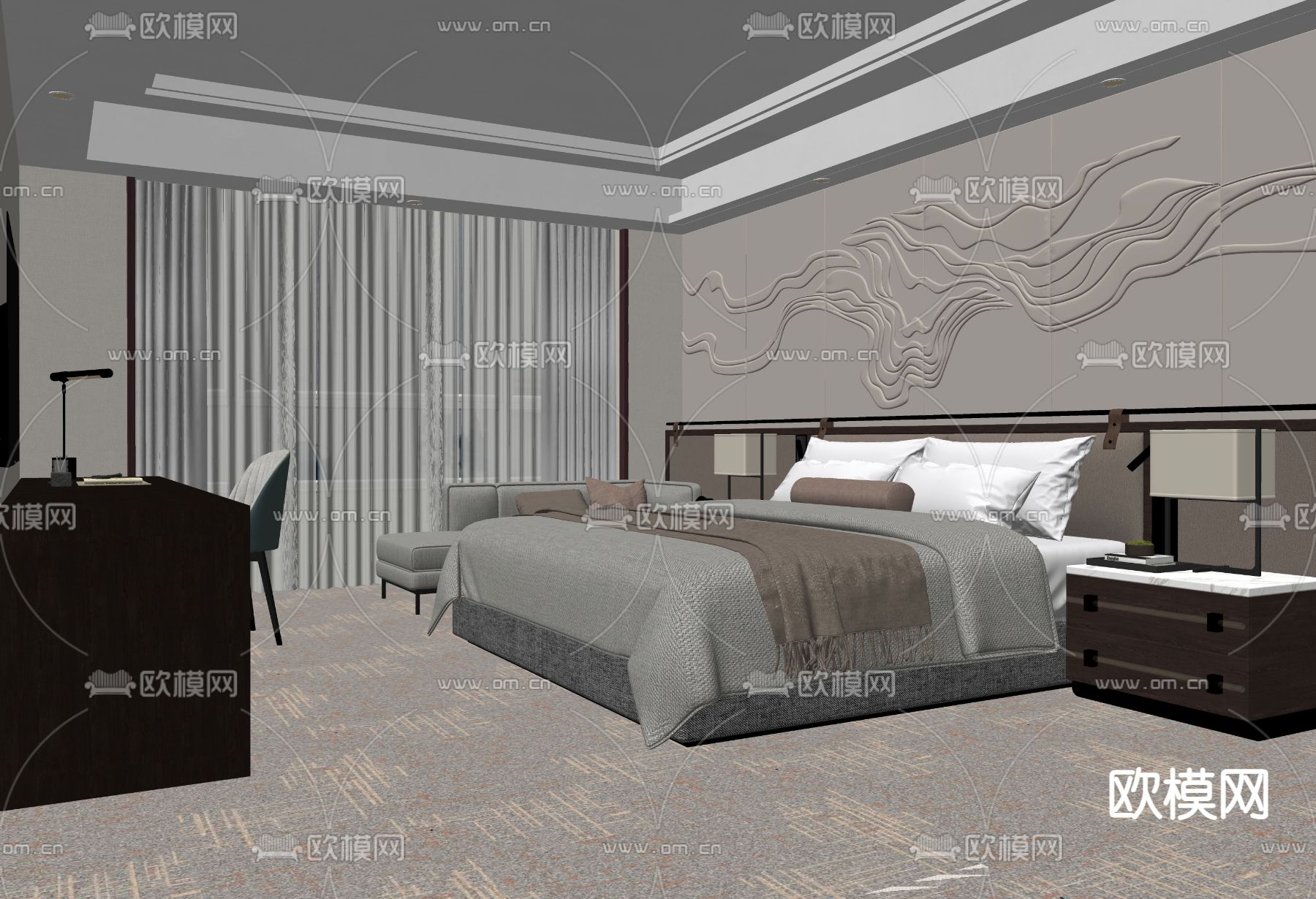 新中式酒店套房su模型下载（渲染图2）