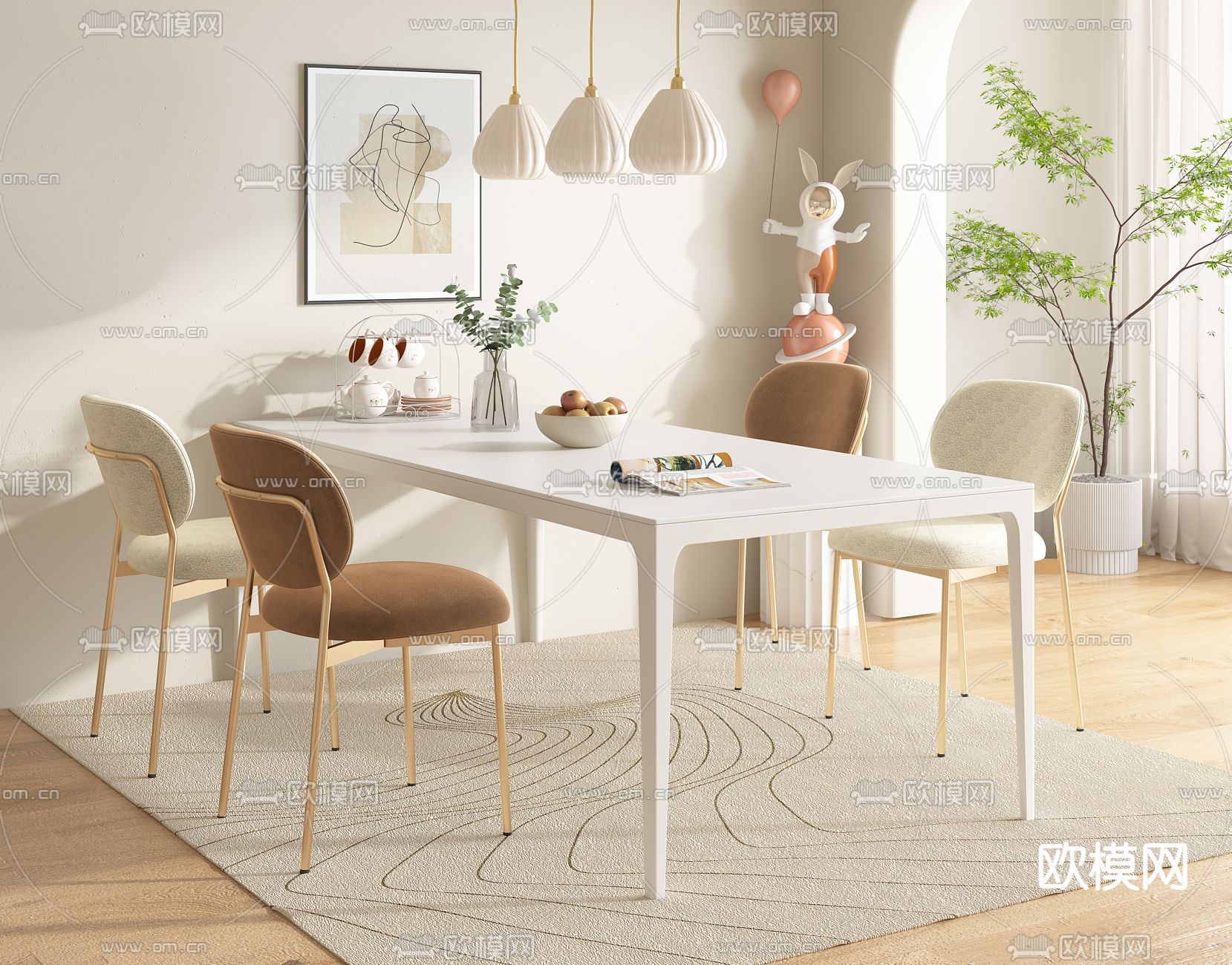 奶油风餐桌椅su模型下载（渲染图1）