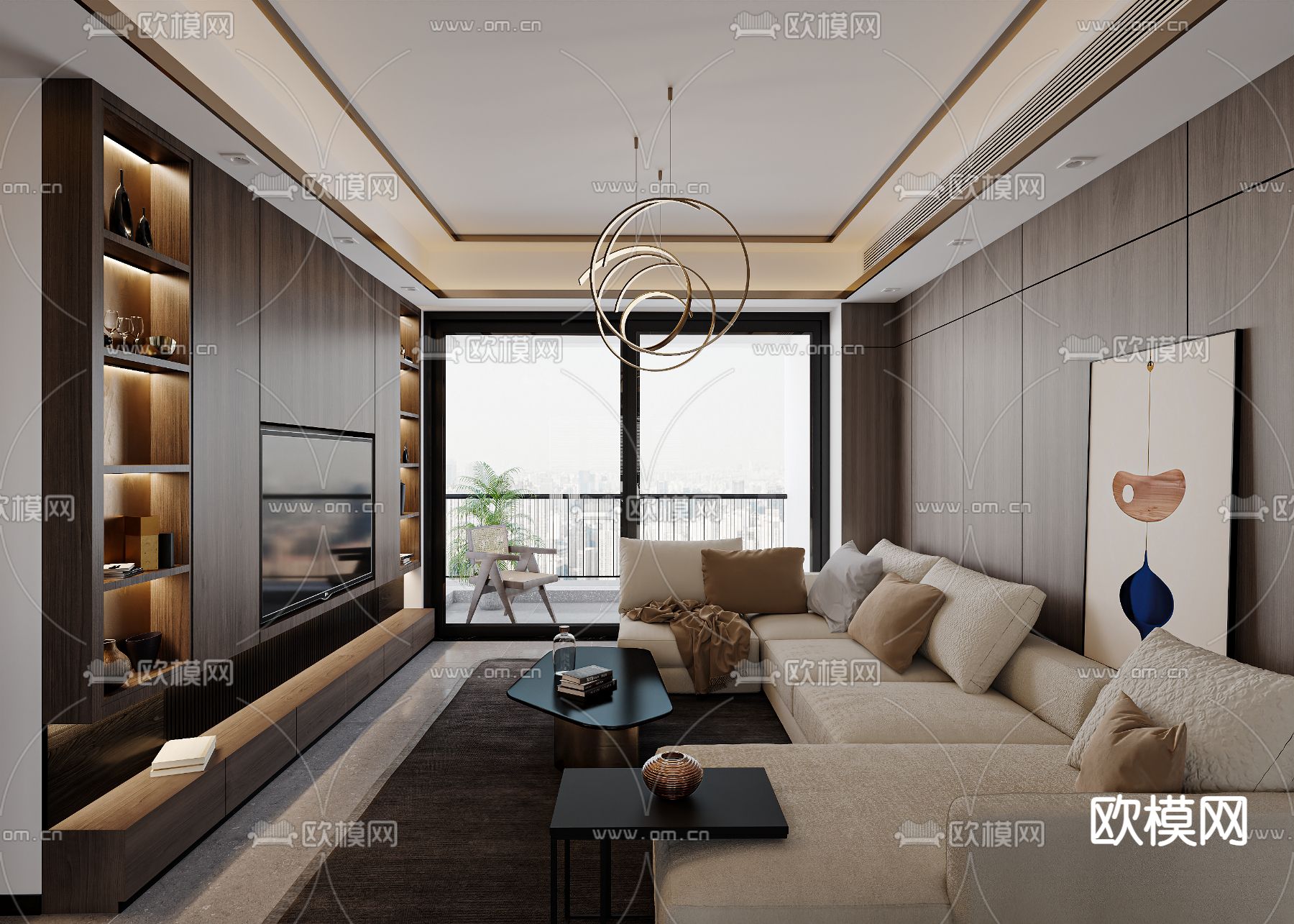 高级灰客厅 餐厅3d模型下载（渲染图1）