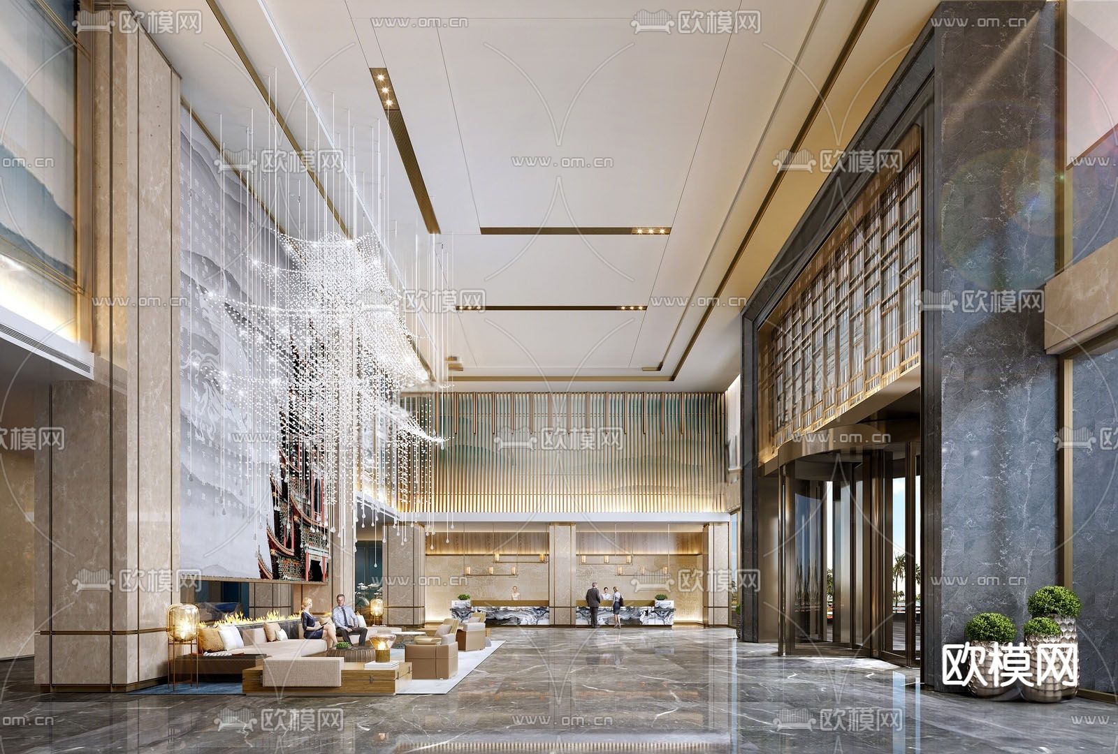 现代酒店大堂su模型下载（渲染图1）