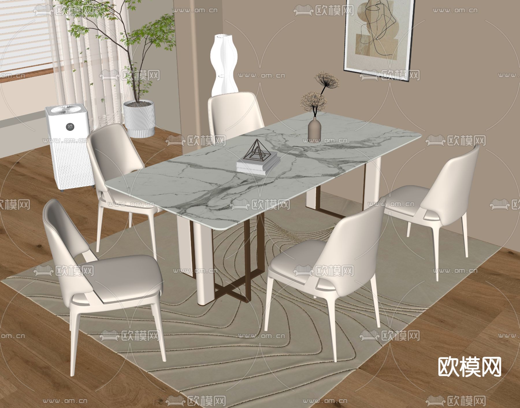 奶油风餐桌椅su模型下载（渲染图2）