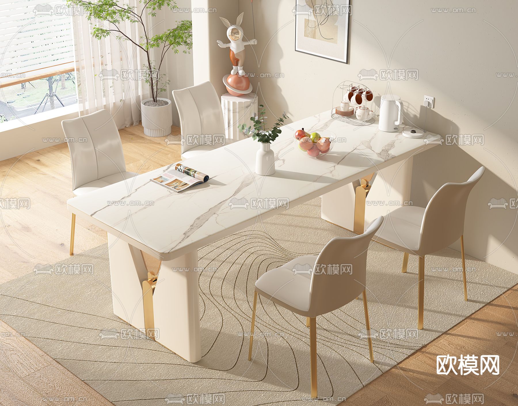 奶油风餐桌椅su模型下载（渲染图1）