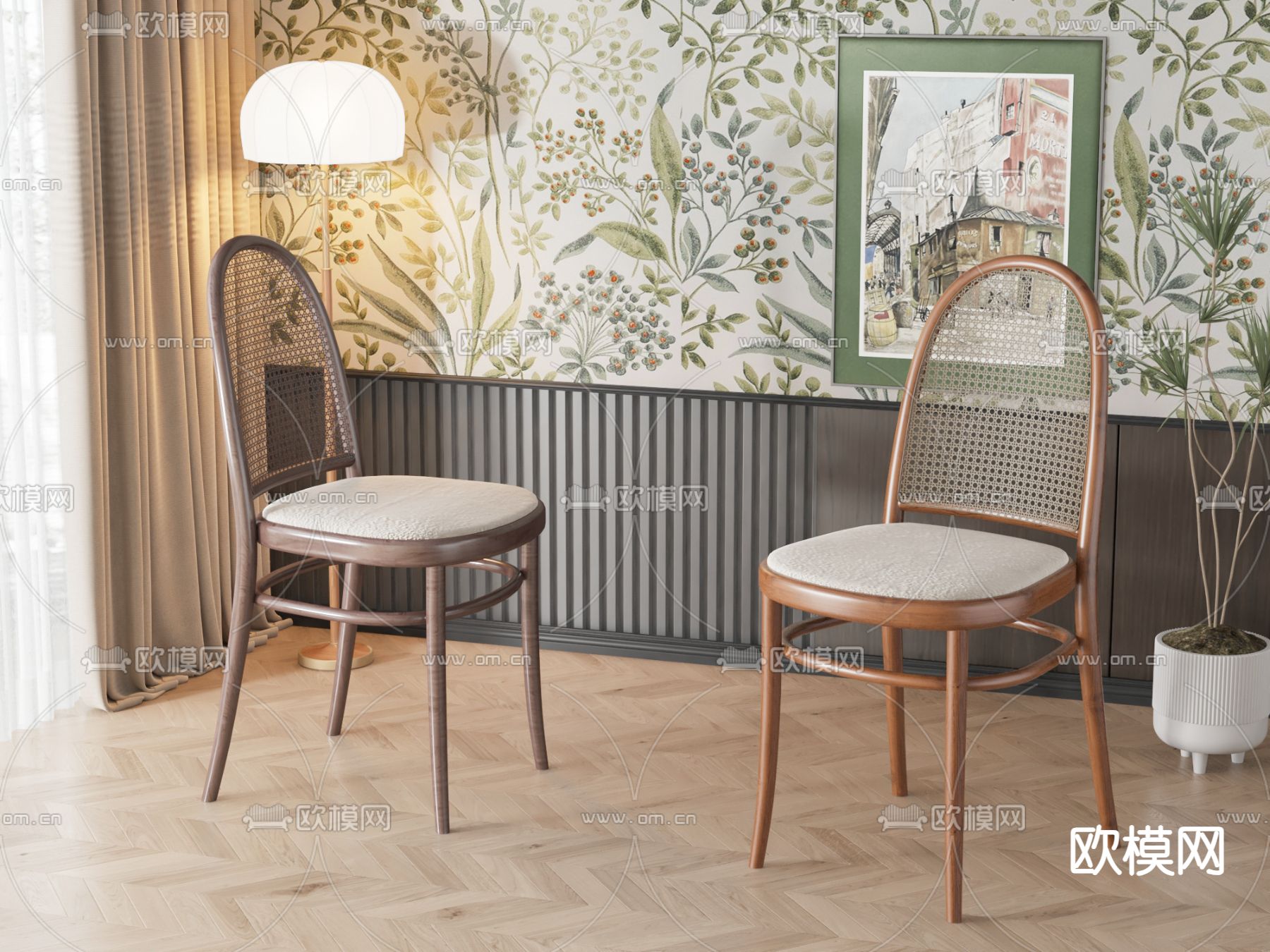 美式椅子 藤编餐椅3d模型下载