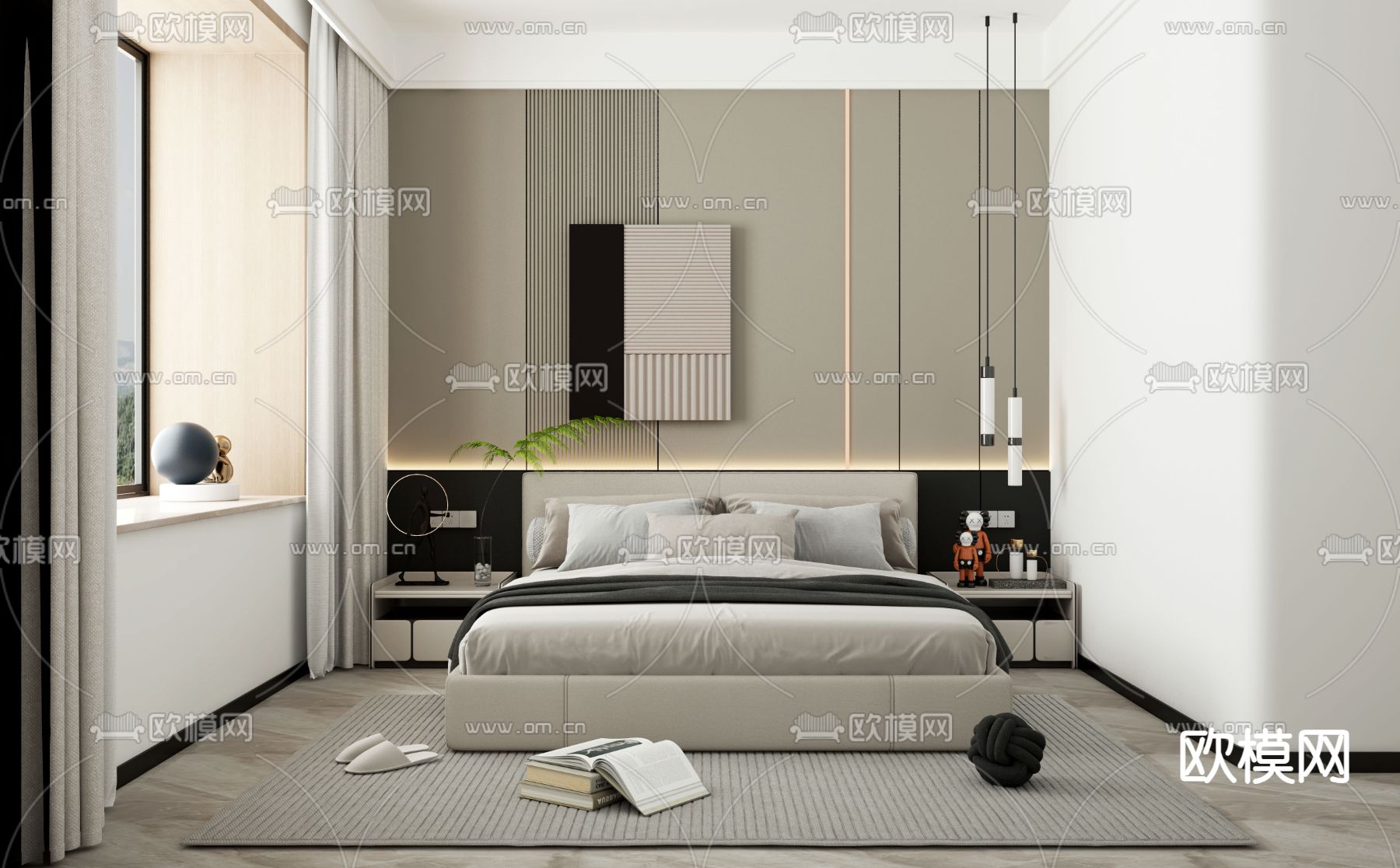 高级灰双人床3d模型下载（渲染图1）