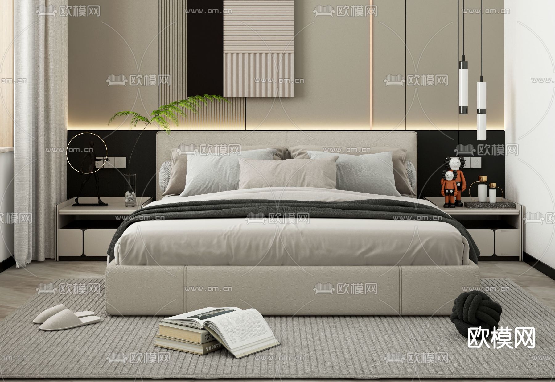 高级灰双人床3d模型下载（渲染图3）