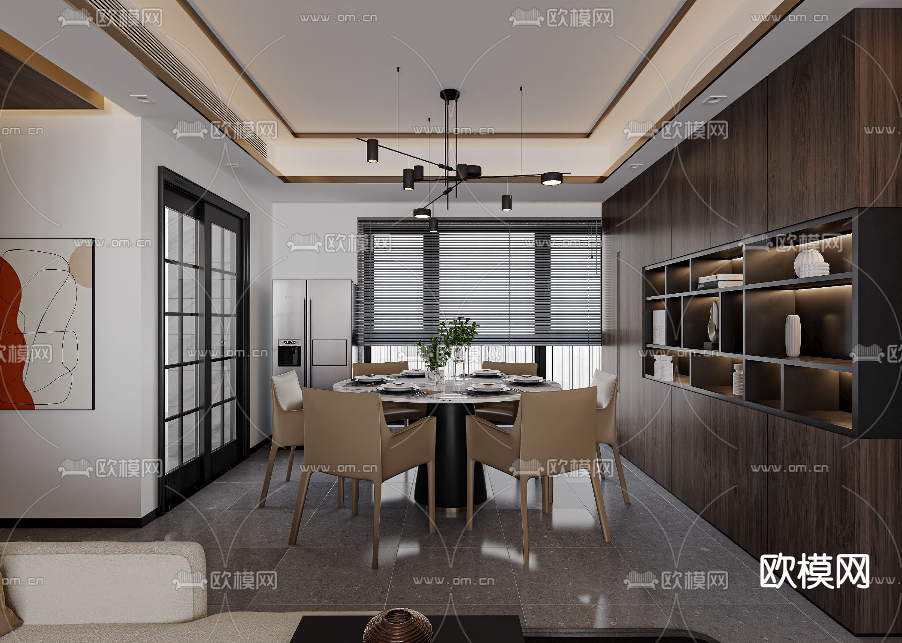 高级灰客厅 餐厅3d模型下载（渲染图2）