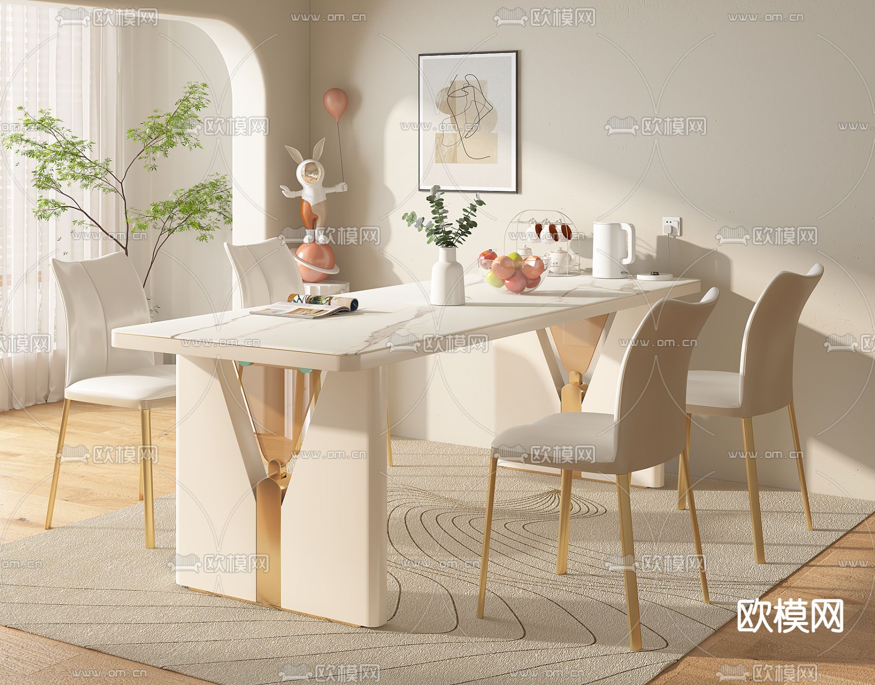 奶油风餐桌椅su模型下载（渲染图3）