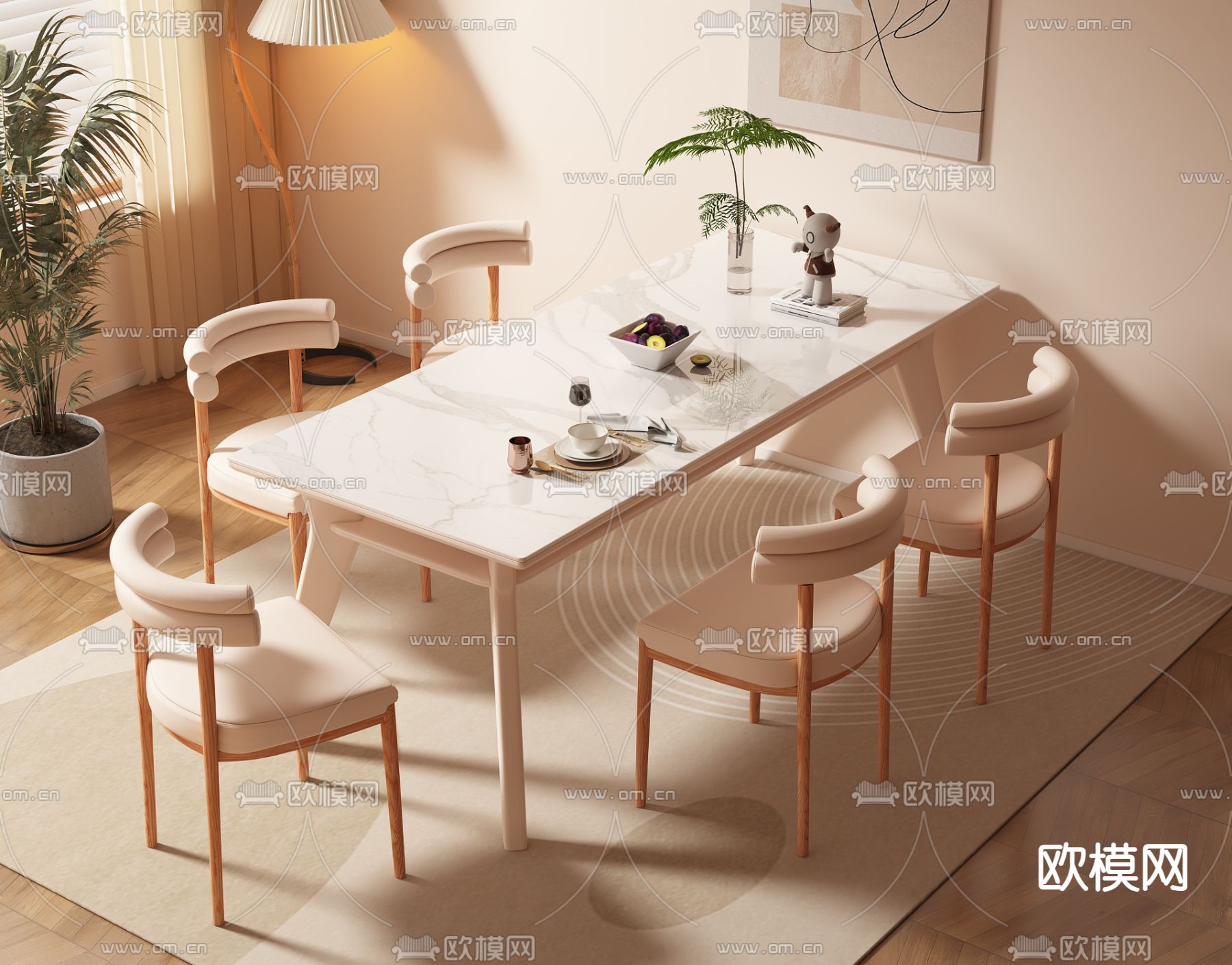 奶油风餐桌椅su模型下载（渲染图2）