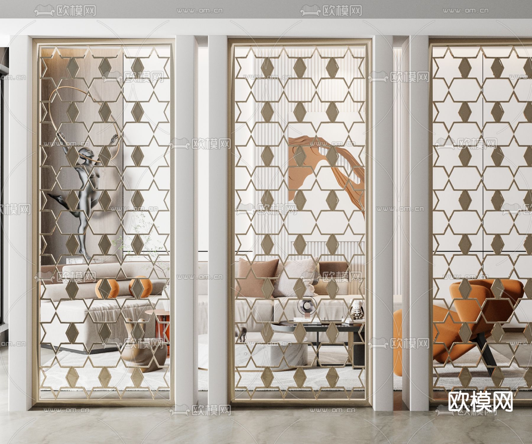 简欧金属隔断su模型下载（渲染图1）